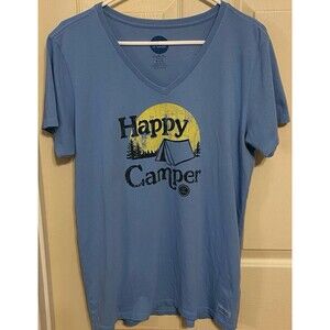 LIFE IS GOOD Crusher Happy Camper Camping Tent SS Blue TShirt Tee Women’s Large